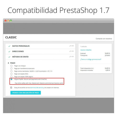 Módulo Pago tarjeta de crédito Alignet PayMe pago en un click para PrestaShop