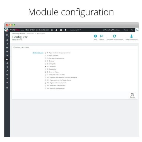 Oculta los pedidos - Oculta los pedidos por estado-Modul für PrestaShop
