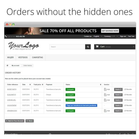 Oculta los pedidos - Oculta los pedidos por estado-Modul für PrestaShop